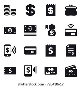16 vector icon set : coin stack, dollar, receipt, purse, money, money gift, tap to pay, phone pay, credit card, account balance, mobile pay