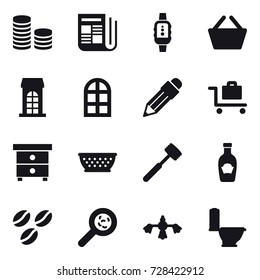 16 vector icon set : coin stack, newspaper, smartwatch, basket, building, arch window, pencil, baggage trolley, nightstand, kolander, meat hammer, coffee seeds, viruses, hard reach place cleaning