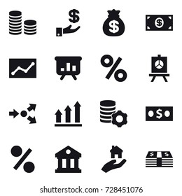 16 vector icon set : coin stack, investment, money bag, money, statistic, presentation, percent, core splitting, graph up, virtual mining, library, real estate