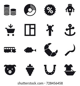 16 vector icon set : coin stack, circle diagram, percent, jet robot, add to cart, window, windmill, bus, sickle, pig, grape, horseshoe, handle washing