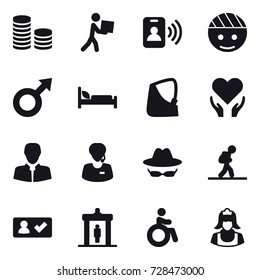 16 vector icon set : coin stack, courier, pass card, tourist, check in, detector, invalid, cleaner