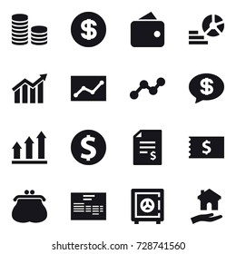 16 vector icon set : coin stack, dollar, wallet, diagram, statistic, graph, money message, graph up, dollar coin, account balance, receipt, purse, safe, housing