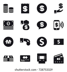 16 vector icon set : coin stack, receipt, dollar, investment, money, money gift, money message, phone pay, crypto currency, hand coin, dollar coin, atm, credit card