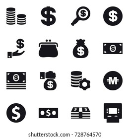 16 vector icon set : coin stack, dollar, dollar magnifier, investment, purse, money bag, money, money gift, virtual mining, crypto currency, dollar coin, atm