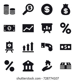 16 vector icon set : coin stack, dollar magnifier, dollar, money bag, money, statistic, presentation, percent, graph up, hand coin, library, real estate