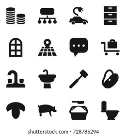 16 vector icon set : coin stack, structure, electric car, arch window, baggage trolley, water tap, meat hammer, mushroom, pig, washing powder, toilet