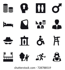 16 vector icon set : coin stack, bulb head, wc, architector, detector, invalid, Chair for babies, skyscapers cleaning, garden cleaning, vacuum cleaner, cleaner