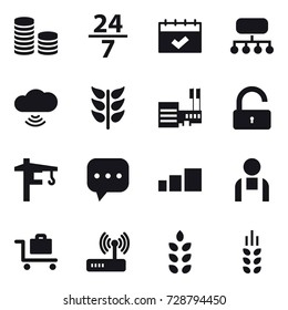 16 vector icon set : coin stack, 24/7, calendar, structure, cloud wireless, mall, unlock, tower crane, baggage trolley, spikelets