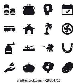 16 vector icon set : coin stack, purse, bulb head, bus, bungalow, palm, cooler fan, hand mill, soil cutter, wheelbarrow, horseshoe, hand leaf, tomato, garden, potato