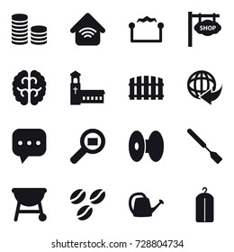 16 vector icon set : coin stack, wireless home, electrostatic, shop signboard, church, fence, spatula, coffee seeds, watering can, dry wash