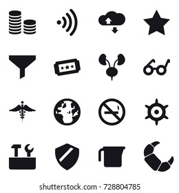 16 vector icon set : coin stack, wireless, cloude service, star, funnel, ticket, no smoking, handwheel, repair tools, measuring cup