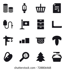 16 vector icon set : coin stack, smartwatch, basket, account balance, ruler, tower crane, colander, viruses, spruce, washing powder
