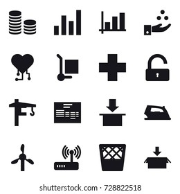16 vector icon set : coin stack, graph, chamical industry, cardio chip, cargo stoller, unlock, tower crane, iron, trash bin, package