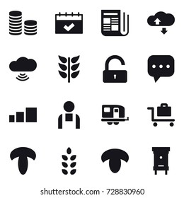 16 vector icon set : coin stack, calendar, newspaper, cloude service, cloud wireless, unlock, trailer, baggage trolley, spikelets, mushroom, hive