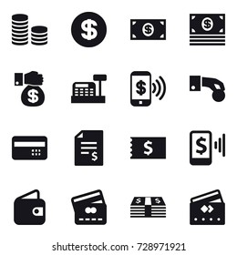 16 vector icon set : coin stack, dollar, money, money gift, cashbox, phone pay, hand coin, credit card, account balance, receipt, mobile pay, wallet
