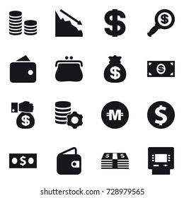16 vector icon set : coin stack, crisis, dollar, dollar magnifier, wallet, purse, money bag, money, money gift, virtual mining, crypto currency, dollar coin, atm