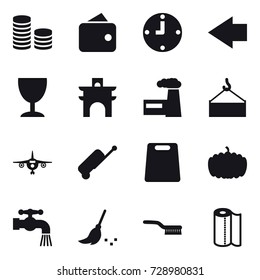 16 vector icon set : coin stack, wallet, clock, left arrow, wineglass, arch, factory, plane, suitcase, cutting board, pumpkin, water tap, broom, brush, paper towel