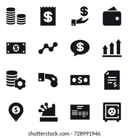 16 vector icon set : coin stack, receipt, investment, wallet, money, graph, money message, graph up, virtual mining, hand coin, account balance, dollar pin, cashbox, safe