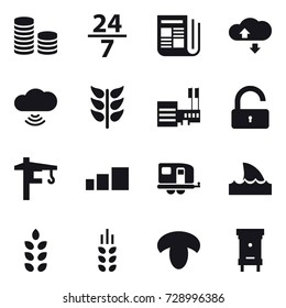 16 vector icon set : coin stack, 24/7, newspaper, cloude service, cloud wireless, mall, unlock, tower crane, trailer, shark flipper, spikelets, mushroom, hive