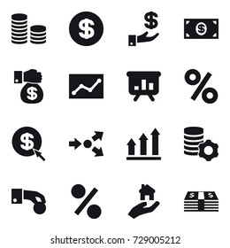 16 vector icon set : coin stack, dollar, investment, money, money gift, statistic, presentation, percent, dollar arrow, core splitting, graph up, virtual mining, hand coin, real estate