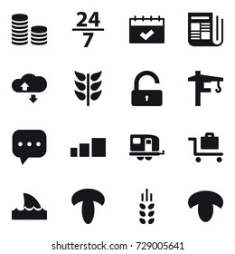 16 vector icon set : coin stack, 24/7, calendar, newspaper, cloude service, unlock, tower crane, trailer, baggage trolley, shark flipper, spikelets, mushroom