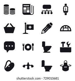 16 vector icon set : coin stack, newspaper, structure, smartwatch, basket, pencil, greenhouse, cafe, toilet, repair tools, hard reach place cleaning, apron