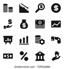 16 vector icon set : coin stack, crisis, dollar magnifier, dollar, investment, money bag, money, statistic, presentation, graph up, virtual mining, hand coin, percent, library, real estate