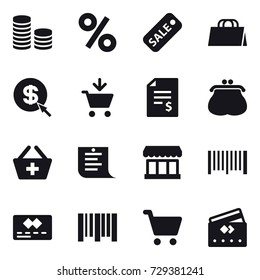 16 vector icon set : coin stack, percent, sale, shopping bag, dollar arrow, add to cart, account balance, purse, add to basket, shopping list, market, barcode, credit card
