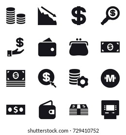 16 vector icon set : coin stack, crisis, dollar, dollar magnifier, investment, wallet, purse, money, dollar arrow, virtual mining, crypto currency, atm