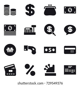 16 vector icon set : coin stack, dollar, purse, money, cashbox, dollar arrow, money message, crypto currency, hand coin, credit card, percent