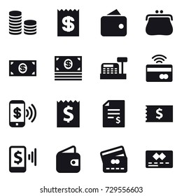 16 vector icon set : coin stack, receipt, wallet, purse, money, cashbox, tap to pay, phone pay, account balance, mobile pay, credit card
