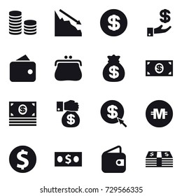 16 vector icon set : coin stack, crisis, dollar, investment, wallet, purse, money bag, money, money gift, dollar arrow, crypto currency, dollar coin