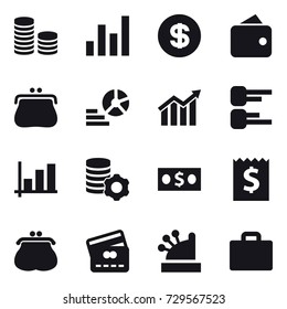 16 vector icon set : coin stack, graph, dollar, wallet, purse, diagram, virtual mining, money, receipt, credit card, cashbox, suitcase iocn