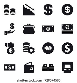 16 vector icon set : coin stack, crisis, dollar, investment, purse, money, money gift, virtual mining, crypto currency, dollar coin, wallet, atm