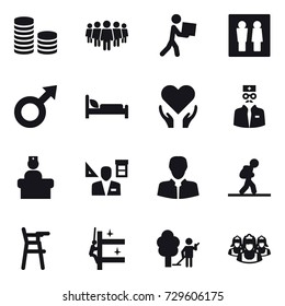 16 vector icon set : coin stack, team, courier, wc, architector, tourist, Chair for babies, skyscrapers cleaning, garden cleaning, outsource