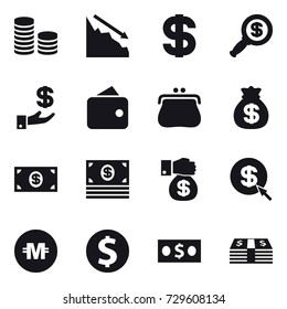 16 vector icon set : coin stack, crisis, dollar, dollar magnifier, investment, wallet, purse, money bag, money, money gift, dollar arrow, crypto currency, dollar coin