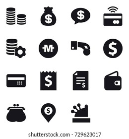 16 vector icon set : coin stack, money bag, money message, tap to pay, virtual mining, crypto currency, hand coin, dollar coin, credit card, receipt, account balance, wallet, purse, dollar pin