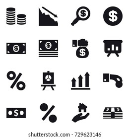 16 vector icon set : coin stack, crisis, dollar magnifier, dollar, money, money gift, presentation, percent, graph up, hand coin, real estate