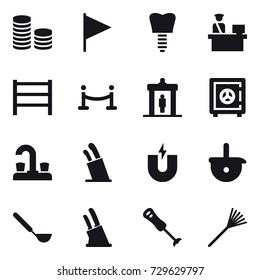 16 vector icon set : coin stack, flag, vip fence, detector, safe, water tap, stands for knives, ladle, knife holder, rake