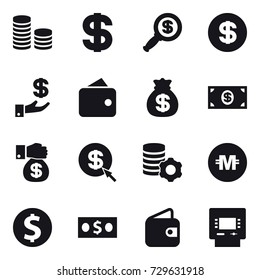 16 vector icon set : coin stack, dollar, dollar magnifier, investment, wallet, money bag, money, money gift, dollar arrow, virtual mining, crypto currency, dollar coin, atm