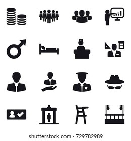 16 vector icon set : coin stack, team, group, presentation, architector, check in, detector, Chair for babies, skyscapers cleaning