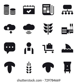 16 vector icon set : coin stack, calendar, newspaper, structure, cloude service, cloud wireless, mall, baggage trolley, shark flipper, spikelets, mushroom, hive
