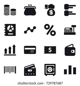 16 vector icon set : coin stack, purse, money gift, diagram, annual report, graph, percent, cashbox, graph up, credit card, receipt, wallet, barcode, safe