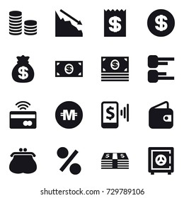 16 vector icon set : coin stack, crisis, receipt, dollar, money bag, money, diagram, tap to pay, crypto currency, mobile pay, wallet, purse, percent, safe