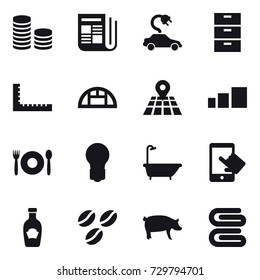 16 vector icon set : coin stack, newspaper, electric car, ruler, greenhouse, cafe, bulb, bath, coffee seeds, pig, stack of towels
