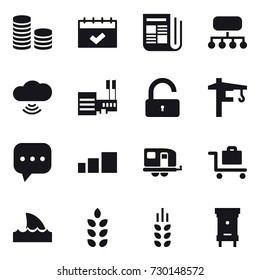 16 vector icon set : coin stack, calendar, newspaper, structure, cloud wireless, mall, unlock, tower crane, trailer, baggage trolley, shark flipper, spikelets, hive