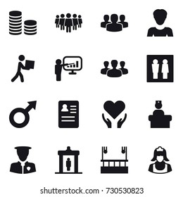 16 vector icon set : coin stack, team, group, woman, courier, presentation, wc, detector, skyscapers cleaning, cleaner