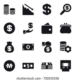16 vector icon set : coin stack, crisis, dollar, dollar magnifier, investment, wallet, purse, money bag, money, money gift, virtual mining, crypto currency, atm