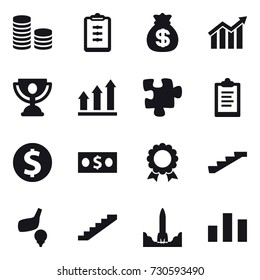 16 vector icon set : coin stack, clipboard, money bag, diagram, trophy, graph up, puzzle, dollar coin, money, medal, stairs, golf