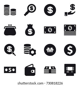 16 vector icon set : coin stack, dollar magnifier, dollar, investment, purse, money bag, money, dollar arrow, virtual mining, crypto currency, dollar coin, wallet, atm